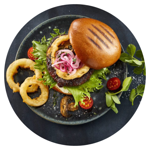 Mushroom burger with onion rings